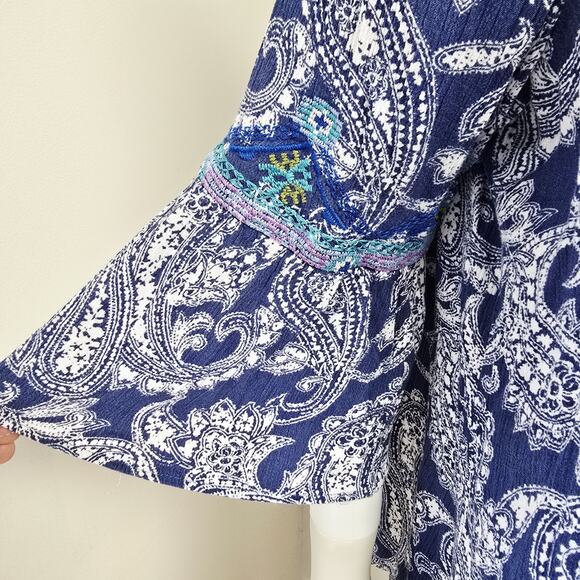 Caleaas Top Blouse Size XL Embroidered Bohemian 3/4 Sleeve Gauze Paisley Boho - Picture 4 of 8